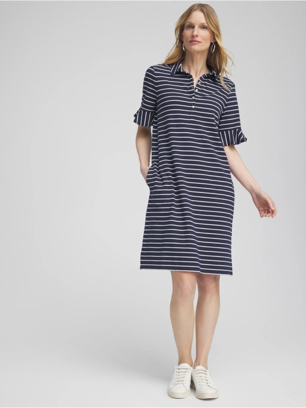 Chico’s Zenergy® UPF Knit Stripe Ruffle Sleeve Polo Dress Size X-Large (3) - Picture 2 of 11